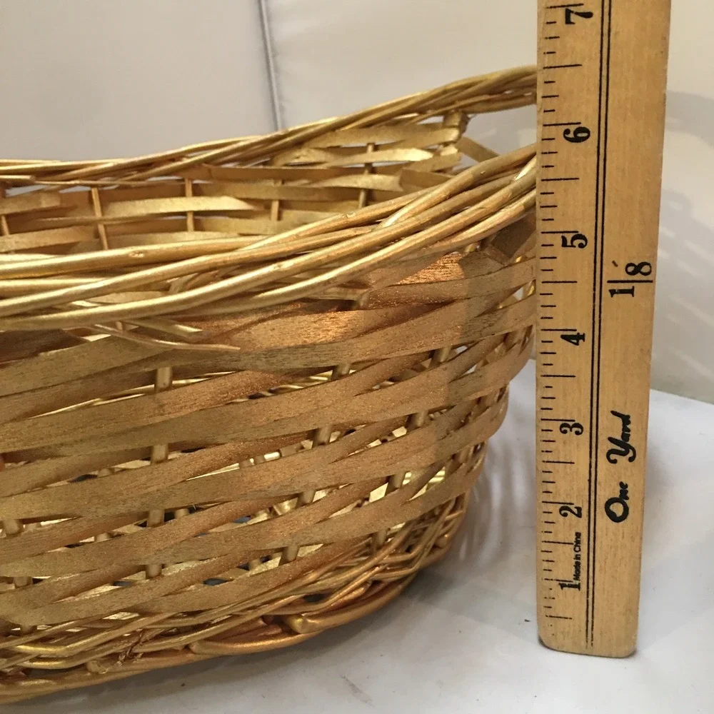 Woven Wicker Basket Home Decor OS Gold Metallic Oval Handled Storage Holiday